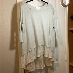 Light gray Umgee Top with Lace Ruffle